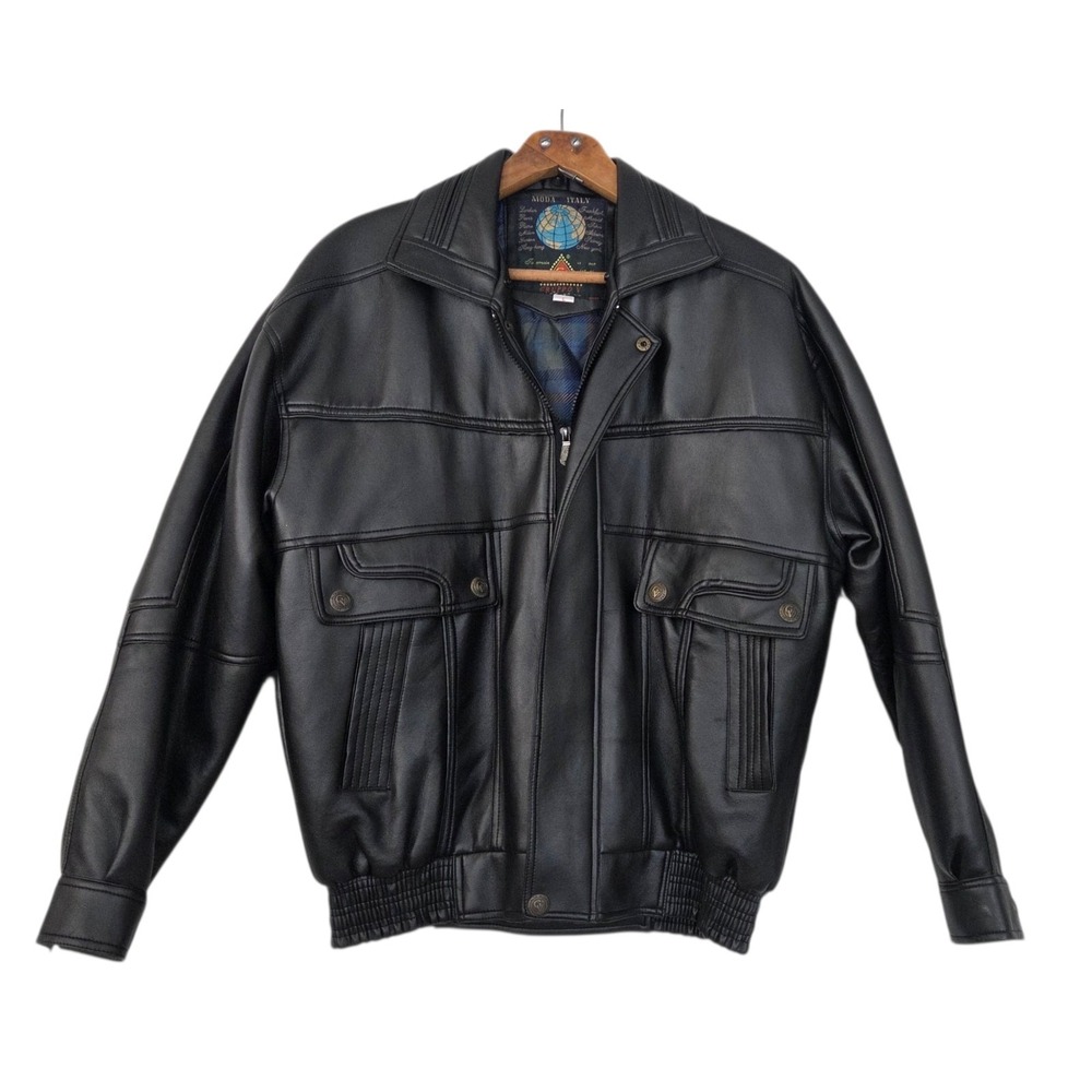 Gruppo V Italy Vintage Black Faux Leather Bomber Jacket Coat Men's Size L READ